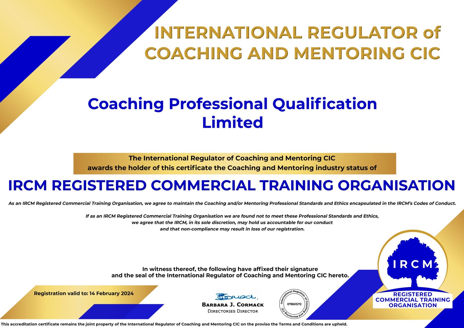 20240214IRCMRegisteredCommercialTrainingOrganisation Coaching Professional Qualification
