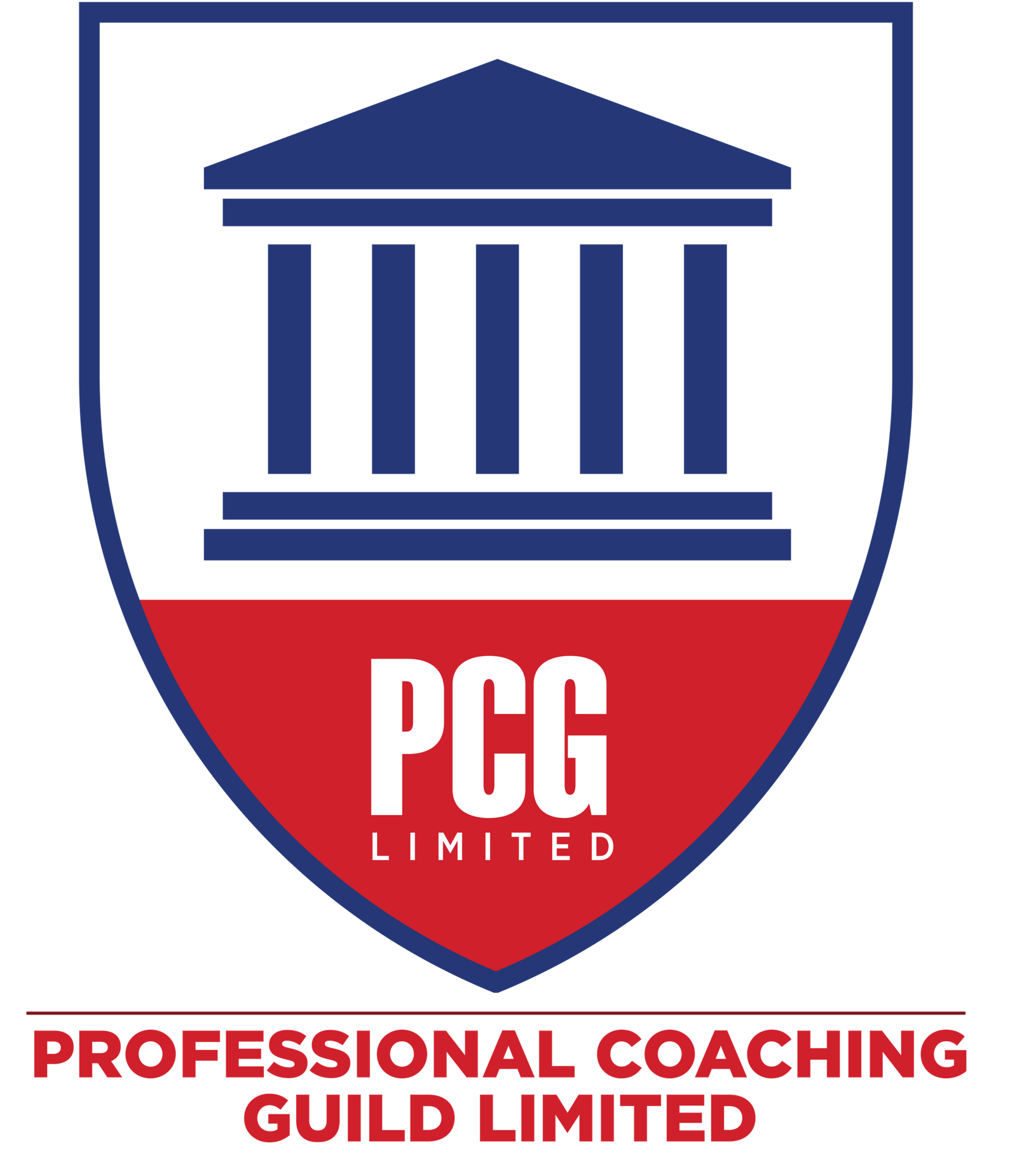 Logo for Professional Coaching Guild Limited: blue shield with a stylized building and a red lower banner displaying the name.