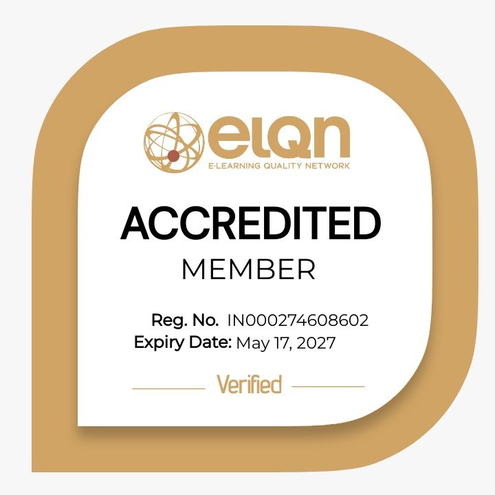 ELQN Accredited Member badge showing registration number IN000274608602 and expiry May 17, 2027, Verified badge at bottom; gold frame.