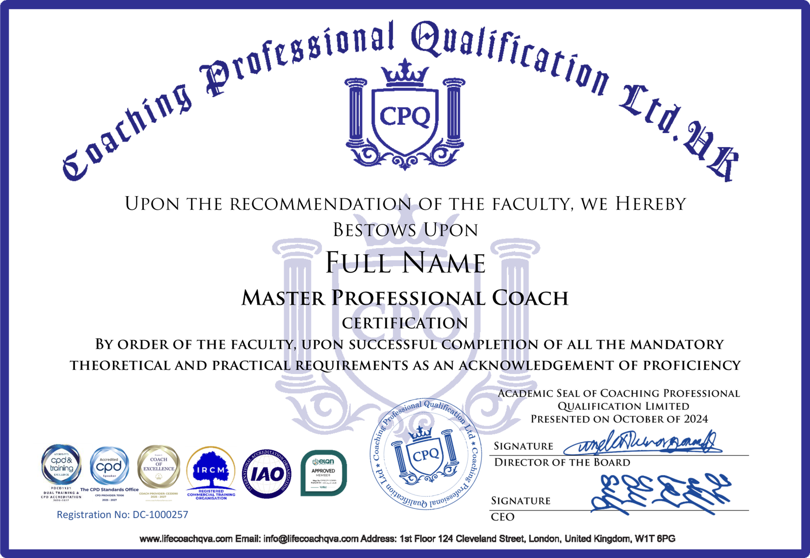 Official certification seal page featuring an ornate crest with the initials CPQ, curved 'Professional Qualification Ltd' banner above, decorative pillars, crown, and multiple accreditation badges at the bottom along with contact info.