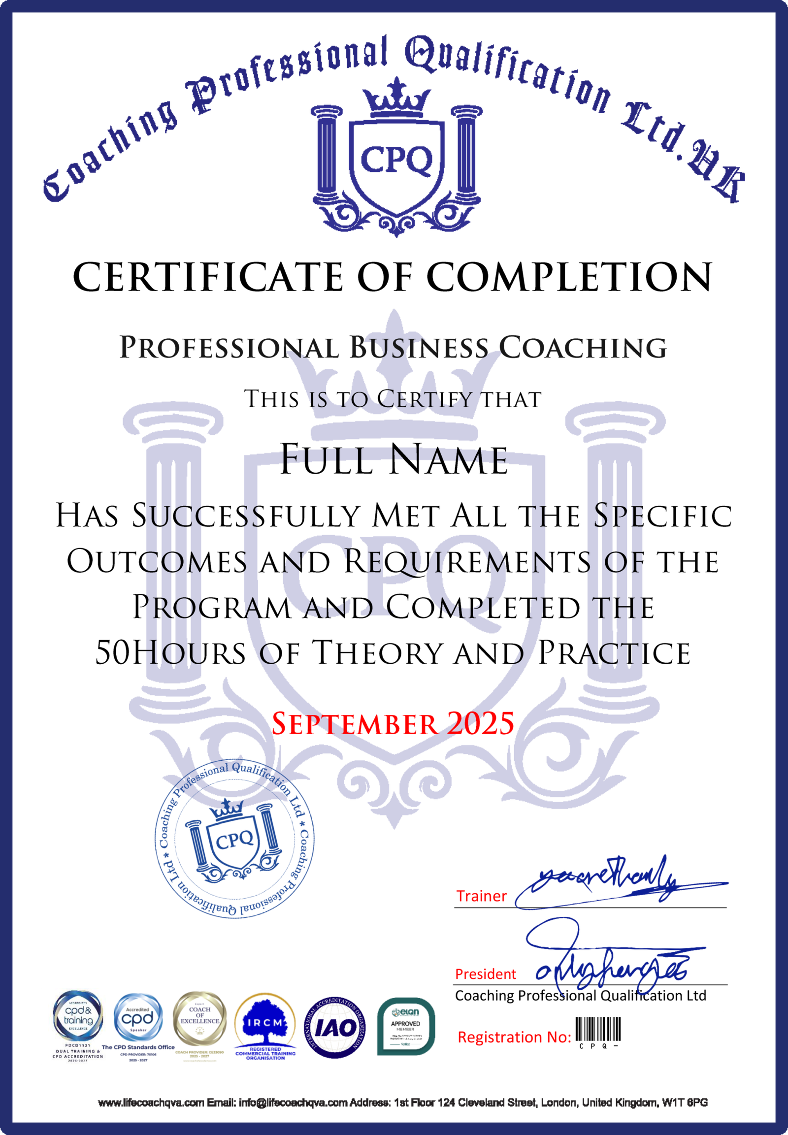Logo for Coaching Professional Qualification Ltd (CPQ) featuring a crown crest, columns, and the text 'Professional Business Coaching' with a red 'September 2025' date across the center; multiple certification seals at the bottom.