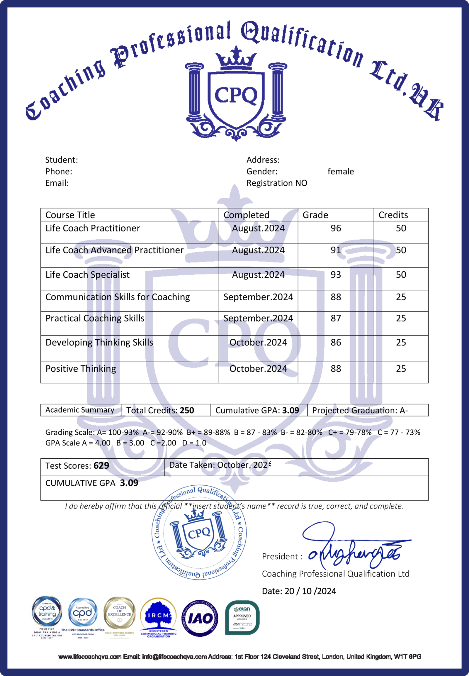 Blue crest-style emblem featuring a crown and ornate pillars, with the words 'Coaching Professional Qualification Ltd' in an arc above and a CPQ monogram at the center, resembling a formal certification seal.