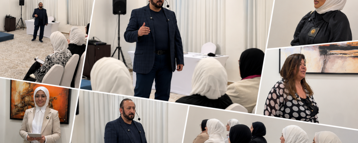 Collage of a man in a dark blazer presenting to an audience of women wearing headscarves in a bright conference room.