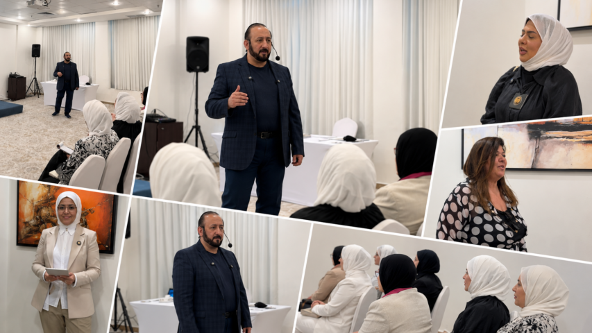Collage of a man in a dark blazer presenting to an audience of women wearing headscarves in a bright conference room.