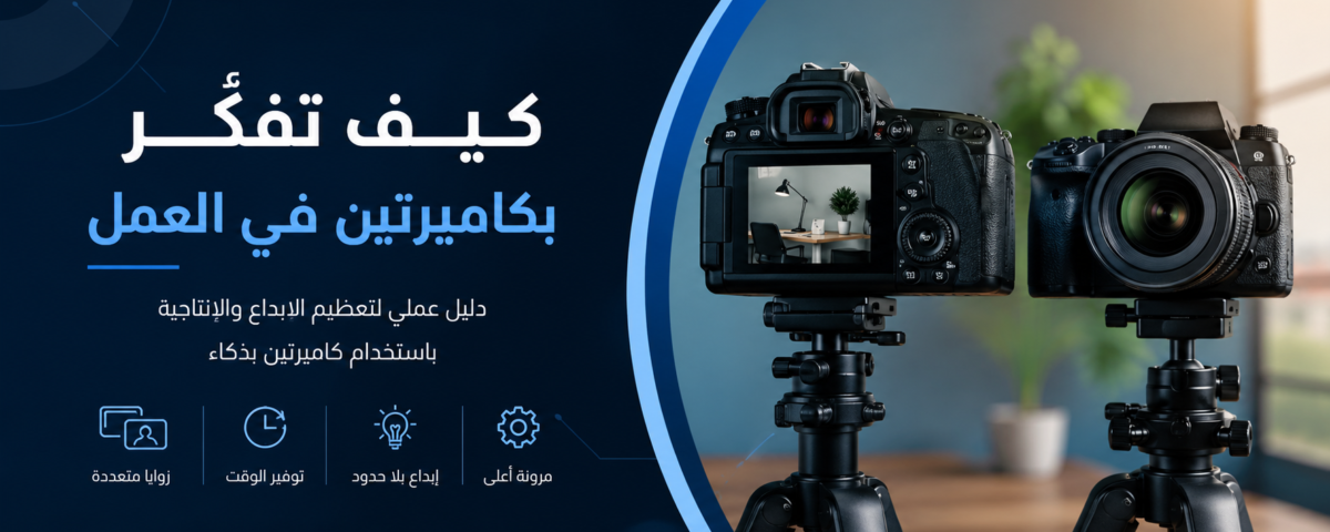a91b99d705784308951c0877b9d613df اكاديمية تأهيل محترفين الكوتشينج CPQ™ Arabic banner promoting thinking with computers; two cameras on tripods against a dark blue gradient background.