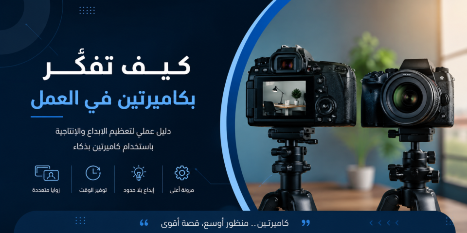 Arabic banner promoting thinking with computers; two cameras on tripods against a dark blue gradient background.