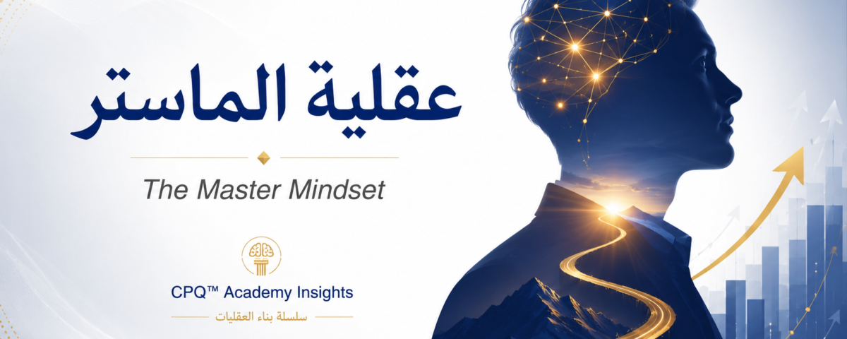 عقلية الماستر اكاديمية تأهيل محترفين الكوتشينج CPQ™ Promotional banner for 'The Master Mindset' by CPQ Academy Insights, showing a blue silhouette with a network of glowing nodes, a winding golden road, and rising bar charts on the right.