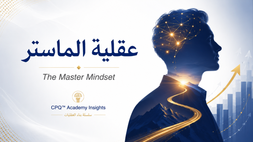 Promotional banner for 'The Master Mindset' by CPQ Academy Insights, showing a blue silhouette with a network of glowing nodes, a winding golden road, and rising bar charts on the right.